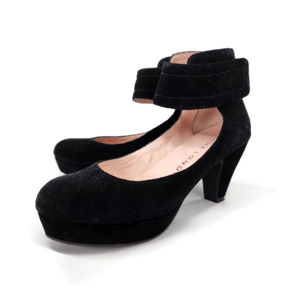 Sacha London Vera Black Suede Ankle Wrap Round-Toe Platform Pumps